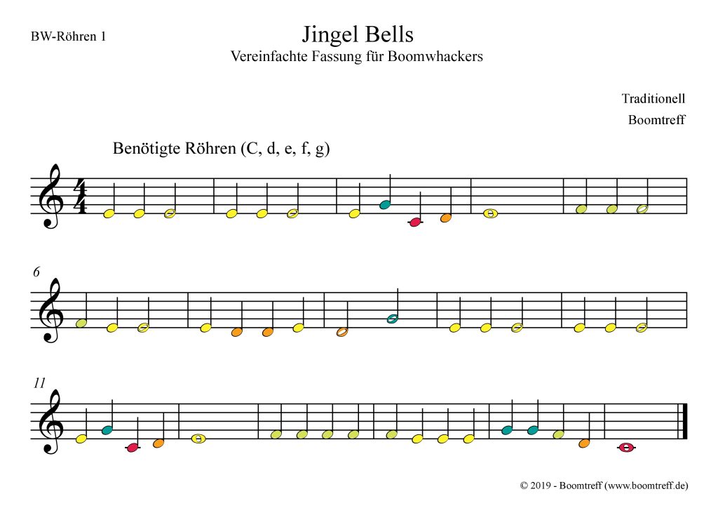 Melodie des Refrains von Jingle Bells mit farbigen Noten für Boomwhackers