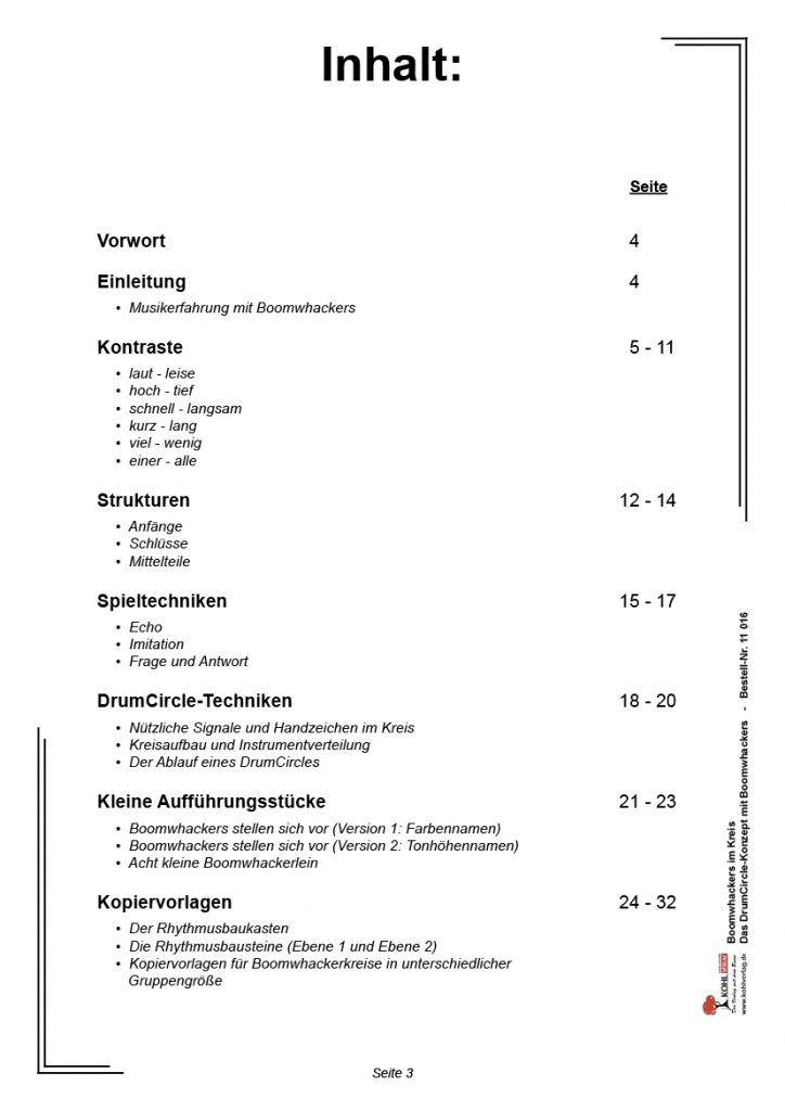 Boomwhackers im Kreis - Inhaltsverzeichnis